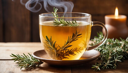 Golden Herbal Tea in a Steaming Glass Mug with Rosemary on a Rustic Wooden Table – Cozy and Soothing