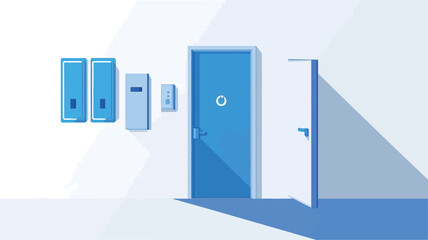 The image is a digital illustration depicting a minimalist interior scene.  The scene shows a section of a white hallway or corridor.  A light blue door is centrally located, partially closed. To