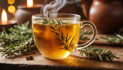Golden Herbal Tea in a Steaming Glass Mug with Rosemary on a Rustic Wooden Table – Cozy and Soothing