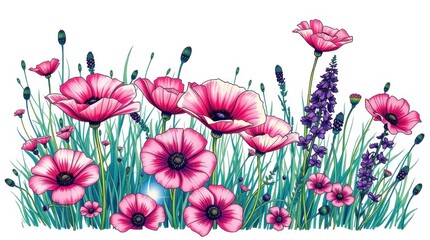Colorful wildflowers bloom in a vibrant display showcasing nature's beauty during springtime in a tranquil environment