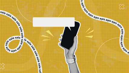Creative halftone hand with phone and speech balloon.Trendy illustration for web banner,social media,marketing, sales.Retro online sales template,sales,sales increase,financial profit,global strategy.