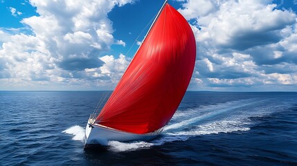 Red sail yacht speeding across ocean.