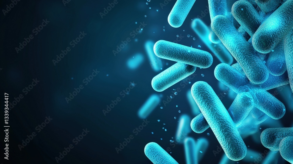 Poster close-up of colorful bacteria in a dark background with light