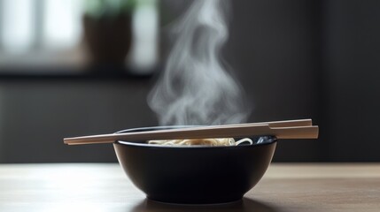 A steaming bowl of ramen with chopsticks, highlighting the warmth and deliciousness of the dish.