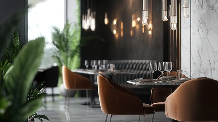 Modern restaurant interior with marble accents and plants