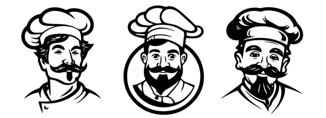 retro chef character icon set in black and white