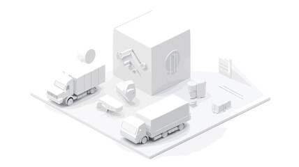 The image presents a digital rendering of a simplified, low-poly isometric model of a city block.  The model is monochromatic white, featuring cubic and rectangular forms representing buildings and