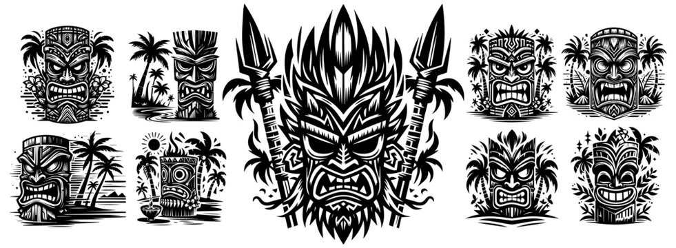 tribal tiki mask set with spears and palm background