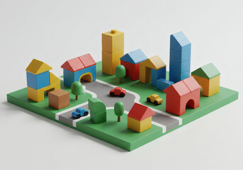 Obraz premium Charming miniature toy city with colorful blocks, small houses and vehicles