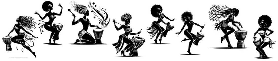african women dancing and playing drums black and white silhouette illustration