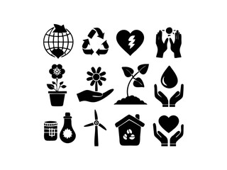 This set features a collection of black silhouette icons vector illustration representing various environmental themes. Set of Black and White Environmental Icons.