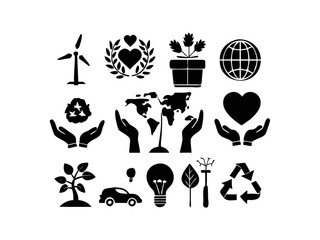 This set features a collection of black silhouette icons vector illustration representing various environmental themes. Set of Black and White Environmental Icons.