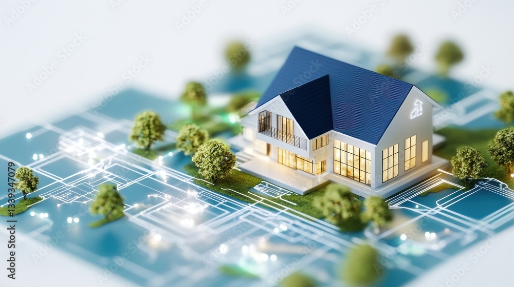 Poster smart home technology: modern house model on a circuit board representing connectivity and automatio