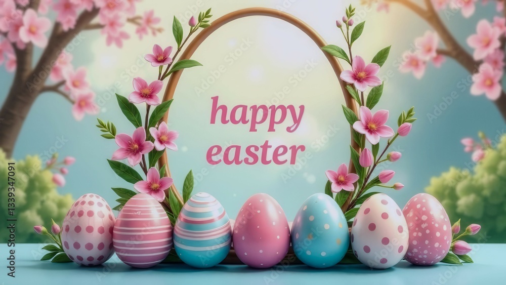 Poster a colorful easter egg arrangement with a white circle in the middle. the circle says happy easter. t