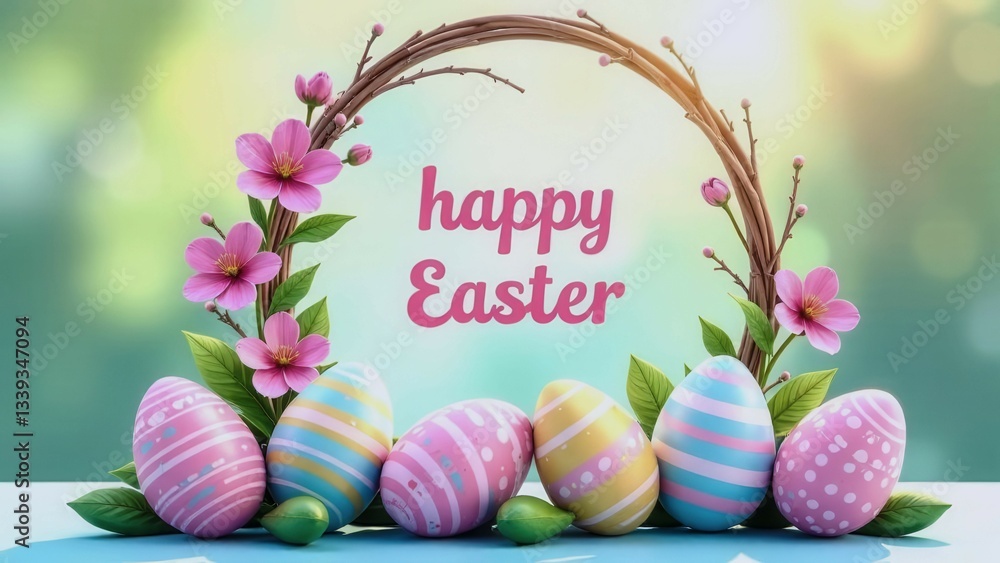 Poster a colorful easter egg arrangement with a white circle in the middle. the circle says happy easter. t