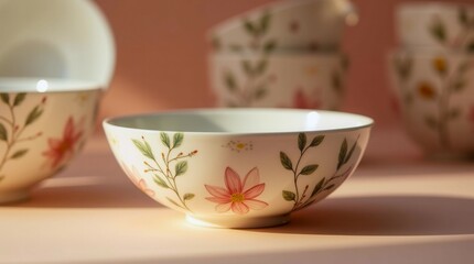 A white bowl with pink flowers on it sits on a table. The bowl is the center of attention and is surrounded by other bowls