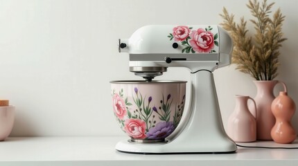 A white mixer with a floral design on it sits on a counter next to a vase. The mixer is surrounded by other decorative items, including a vase and a bowl. Scene is cozy and inviting