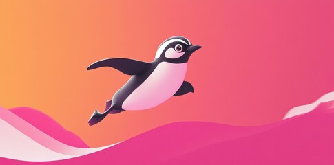 Fototapeta premium A stylized cartoon penguin soaring through a gradient colorful sky