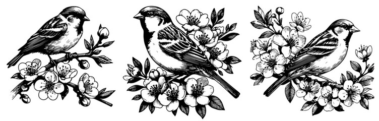 sparrows sitting on blooming branches illustration