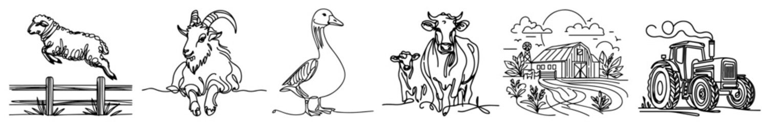 farm animals sheep goat goose cow calf barn and tractor, sketched farm animals and machinery collection