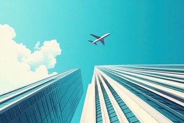 City skyscrapers, plane, sunny day, urban view, travel