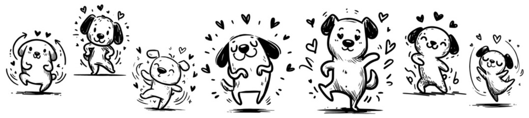 cute cartoon puppy characters surrounded by hearts in playful black and white hand drawn style