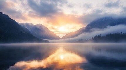 Fototapeta premium A serene sunrise over a tranquil lake surrounded by misty mountains. 