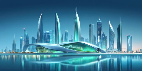 Naklejka premium Futuristic cityscape with modern architecture and reflective water surfaces
