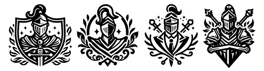 medieval knight emblems with armor, shields and swords in bold black and white vector style