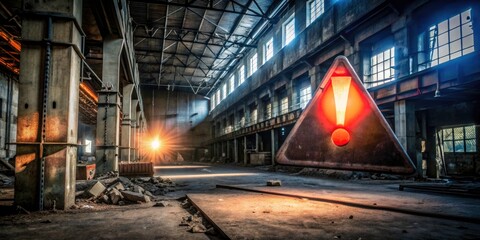 Obraz premium Urban Exploration Danger Warning: Safety First! Abandoned Building Photography, Industrial Ruin Exploration, Caution Sign, Risk Assessment