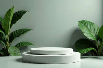 Minimalist podium design against a backdrop of lush green tropical leaves, creating a natural and serene environment. Ideal for product display and modern interior design concepts.