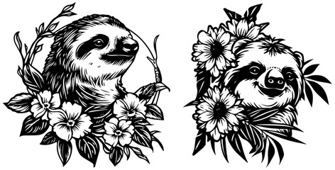 sloths with tropical flowers vector silhouette shape black outline © Aisha Kudorova