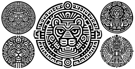 aztec and mayan tribal symbols with animal faces and geometric patterns in black and white
