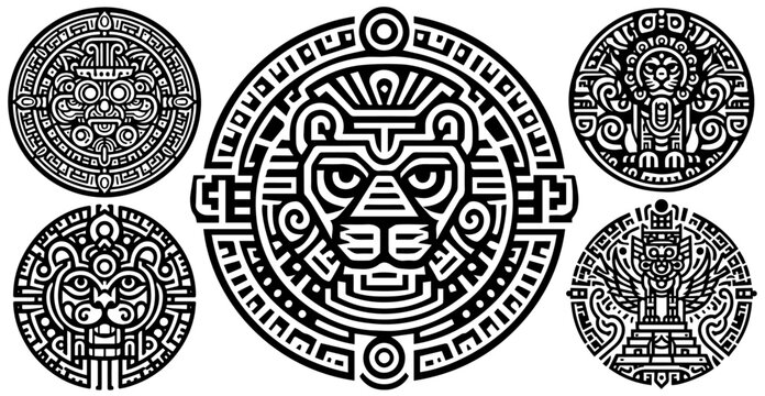 aztec and mayan tribal symbols with animal faces and geometric patterns in black and white