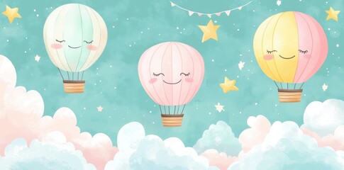 Cute Colorful Hot Air Balloons Floating in a Blue Sky