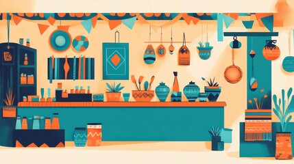 A cozy kitchen decorated with hanging pots, shelves, and colorful patterns, inspired by traditional designs.