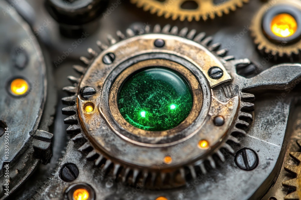 Poster close up view of a complex mechanical clock mechanism