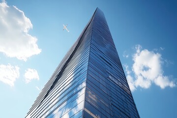 Modern skyscraper under clear sky, architectural design, city view, urban development, possible use for real estate or architecture stock photo
