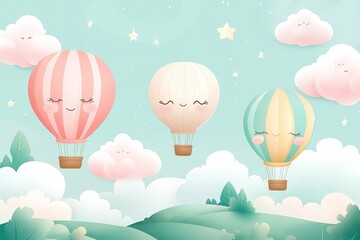 Three smiling hot air balloons floating in the sky