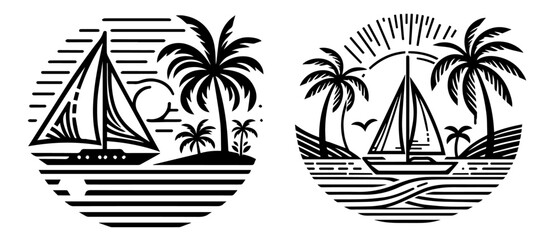 Obraz premium sailboats and palm trees tropical sunset vector black shape illustration engraving and laser cutting