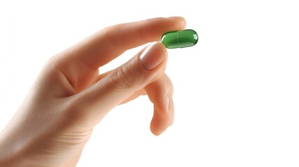 A hand delicately holds a single green capsule