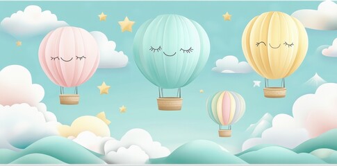 Pastel Balloons Clouds Stars and Smiling Faces in the Sky