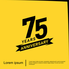 75th years anniversary celebration emblem. black logo isolated with ribbon on yellow background. vector illustration template design for web, flyers, poster, greeting card and invitation card	
