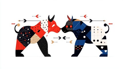 Geometric Abstract Bulls and Bears Graphic with Arrows and Colorful Shapes for Financial Visualizations