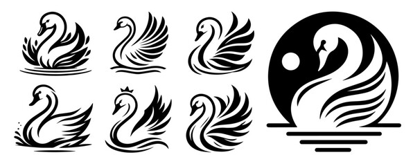 decorative swans floating on water vector black shape illustration engraving and laser cutting © Aisha Kudorova