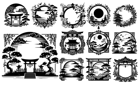 japanese torii gate and landscape frames vector black shape illustration engraving and laser cutting