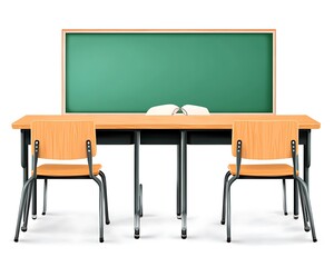 Empty classroom desk, chairs, chalkboard, book, education