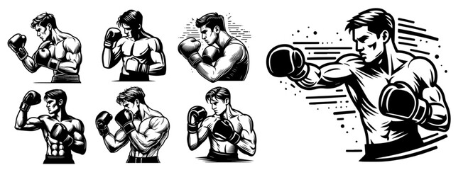 boxers in dynamic fighting poses vector vintage illustration in monochrome shape