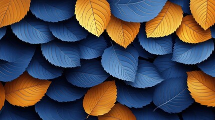 Fototapeta premium Blue & gold leaves background, autumnal foliage texture
