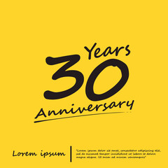 30th years anniversary celebration emblem logo isolated with line art - stroked handwriting on yellow background. vector illustration template design for web, flyers, poster, greeting card	